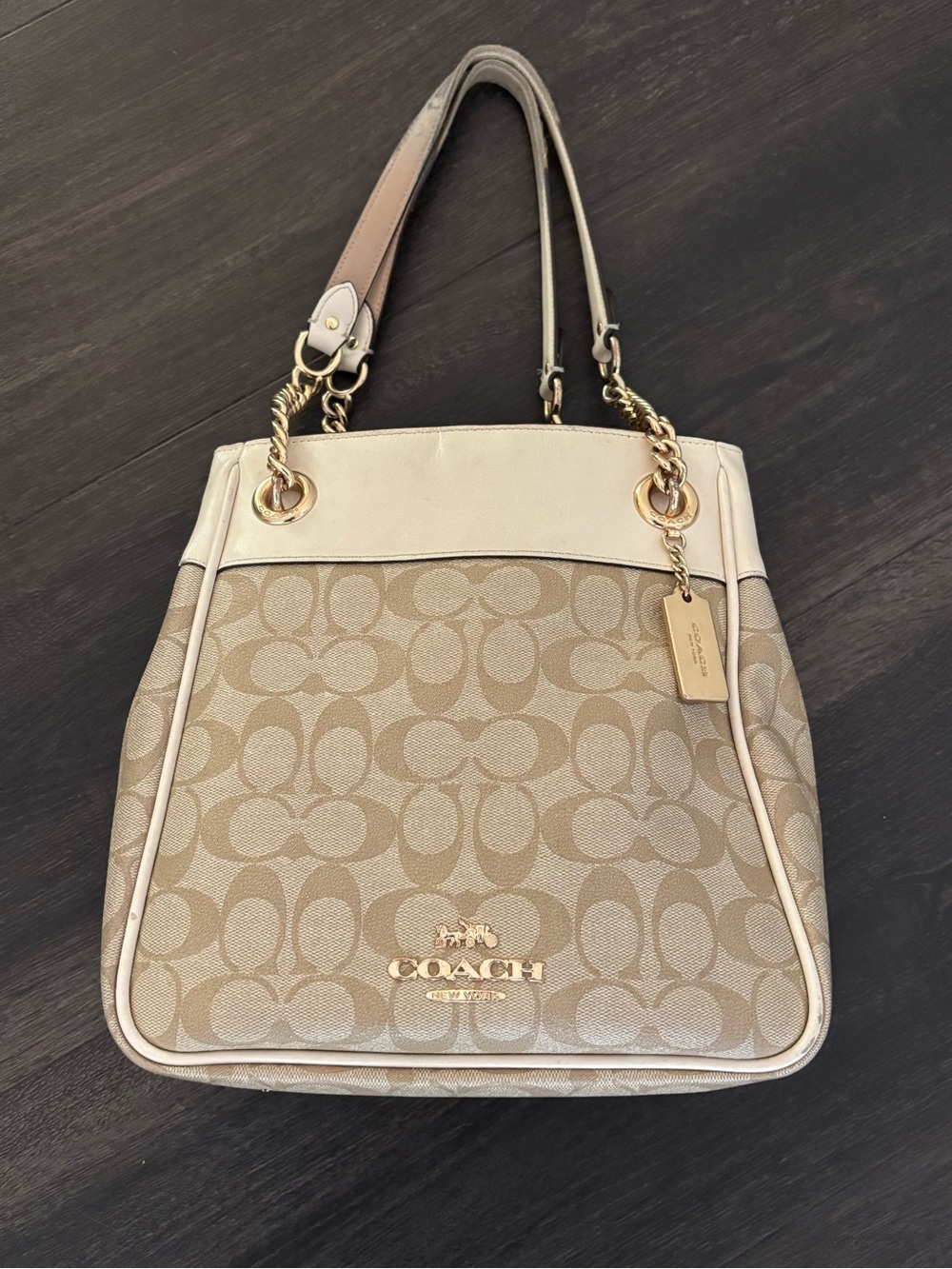 COACH Signature CAMMIE CHAIN BUCKET Bag ~ Light Khaki/Chalk